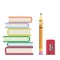 A stack of books and a pencil with an elastic band on the end and a sharpener