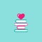 Stack of books with pink heart. Isolated on blue background. bibliophile flat icon. Vector