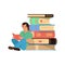 Stack of books and sitting reading person. The concept of education, leisure, reading. Color vector illustration of a