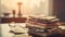 a stack of books sitting on top of a table next to a pair of glasses on top of a table next to a book with a magnifying glass