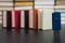 Stack books on wooden background. USB