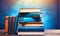 stack of books on the wooden table on blue background, copy space