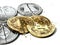 Stack of broken or cracked Bitcoin and altcoins coins laying on white background. Bitcoin crash concept. 3D rendering