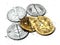 Stack of broken or cracked Bitcoin and altcoins coins laying on white background. Bitcoin crash concept. 3D rendering