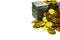 Stack bundles of 100 US dollars and gold coins banknotes