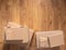 Stack of cardboard box on floor laminate background. Empty box case top view