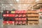 Stack of cardboard boxes with variety of wine and champagne display at Costco Wholesale store in USA