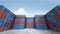 Stack of cargo containers box in port shipping yard background, Containers with blue sky and floor ground, Copy space