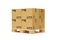 Stack of carton cardboard boxes on wooden pallet over white background, freight, cargo, delivery or storage concept