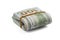 Stack of cash dollars, bent in half, under the elastic band is isolated on a white background. Close-up.