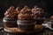 stack of chocolate cupcakes, decorated with swirls of frosting and sprinkles