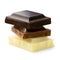 Stack of chocolate squares: dark, milk and white chocolate isolated on white. Rough edges