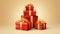 Stack of Christmas gift boxes. Holiday celebration concept. On beautiful defocused bokeh background with copyspace for your text.