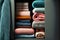 stack clean bath towels made of delicate textiles lie on shelf