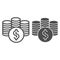 Stack of coins line and solid icon. Three coin stacks with dollar, bank or casino symbol, outline style pictogram on