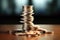 stack of coins teetering on edge of a table