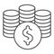 Stack of coins thin line icon. Three coin stacks with dollar, bank or casino symbol, outline style pictogram on white