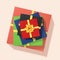 Stack of colored gift boxes. Vector 3d illustration. Top-down view. Blurred background, soft focus.