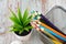 Stack of colored pens marker In a metal case, crumple paper and artificial plant on wooden desk