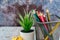 Stack of colored pens marker In a metal case, crumple paper and artificial plant on wooden desk