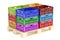 Stack colored plastic crates on the wooden pallet, 3D rendering