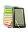 Stack of colorful books and electronic book reader