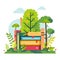 Stack colorful books among green trees plants under sky, concept educational reading nature