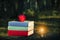 Stack of colorful books on the old wooden table, an Apple and a glowing light bulb in the dark forest.