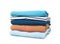 Stack of colorful clothes isolated. Pile of clothing on table empty space background