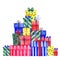 Stack of colorful gift boxes for birthdays, Christmas, other holidays.