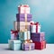 A stack of colorful gifts with bows. Gifts as a day symbol of present and