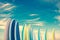 Stack of colorful surfboards on blue sky background with copy space, retro vintage filter