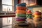 stack of colorful teacups on a kitchen counter