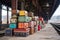 stack of colorful vintage suitcases on a train platform