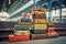 stack of colorful vintage suitcases on a train platform