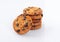 Stack cookies with chocolate on white background