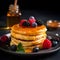 Stack of cottage cheese pancakes with fresh berries and honey on a dark background, close up. Illustration of homemade syrniki.