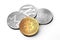 Stack of cryptocurrencies: bitcoin, ethereum, litecoin, monero, dash, and ripple coin together, isolated on white.