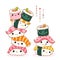 Stack of cute sushi and rolls in kawaii style with smiling faces. Japanese traditional cuisine dishes