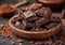 Stack of dark broken chocolate bar pieces with cocoa on wooden plate.Macro.AI Generative