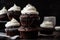 stack of decadent chocolate cupcakes with fluffy vanilla frosting