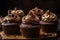 stack of decadent chocolate cupcakes, frosted and decorated with swirls of chocolate