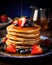 Stack of delectable pancakes, adorned with fresh blueberries and strawberries on top on a plate, poured with syrup and