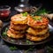 A stack of delicious crispy potato pancakes with herbs on a black background. Belarusian, Russian traditional cuisine.