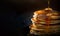 Stack of delicious fluffy buttermilk pancakes with dripping sweet maple syrup on black background. Generative AI.