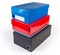 Stack of different closed cardboard shoe boxes various colors