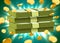 Stack of dollars on bright background with coins and light beams. Money and economics concept.