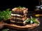 a stack of food on a wooden board