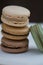 Stack of Four French Macarons. Assorted Colors. Natural Colors and Flavors.