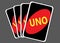 A stack of four UNO game cards showing the back face of black with red oval and the yellow UNO word dark grey backdrop